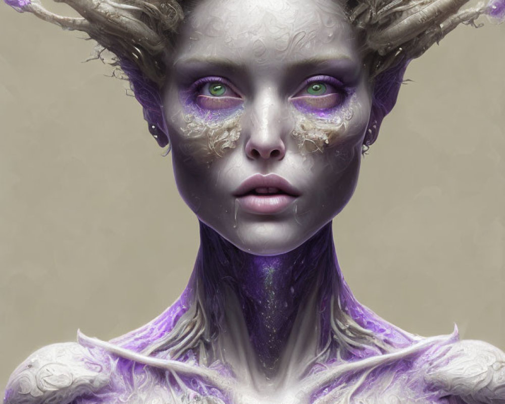 Purple-skinned figure with large eyes and intricate crown, adorned with white textured markings.