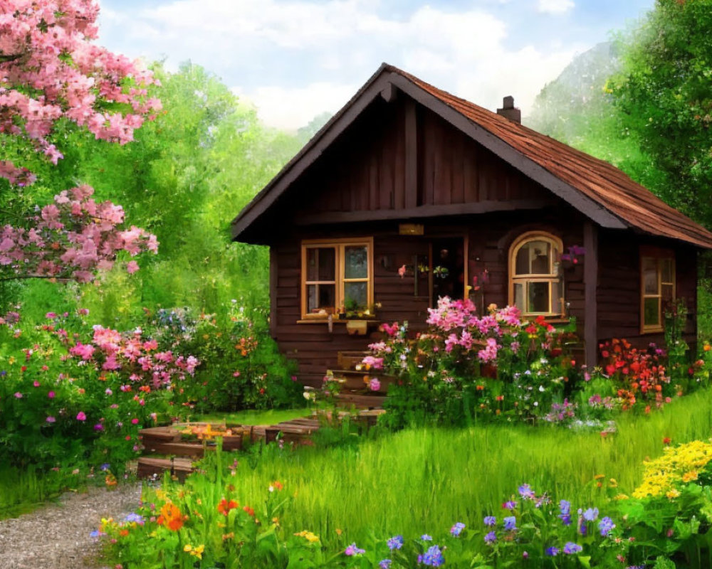 Wooden Cottage Surrounded by Gardens and Flowers in Green Landscape