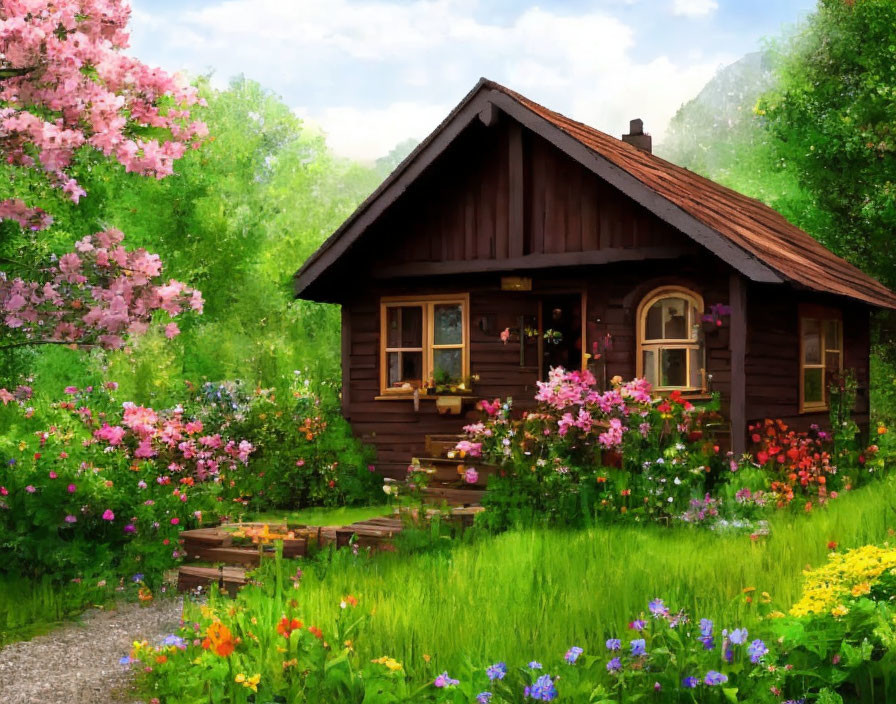 Wooden Cottage Surrounded by Gardens and Flowers in Green Landscape