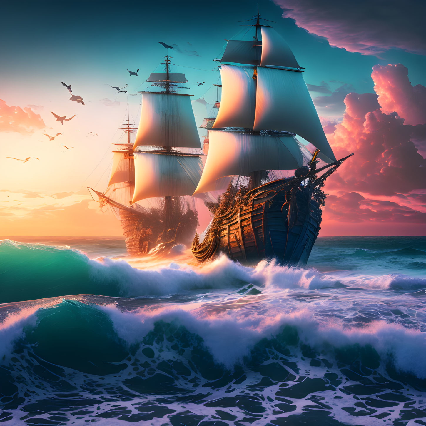 Sailing ship with billowing sails in turquoise waters at sunset