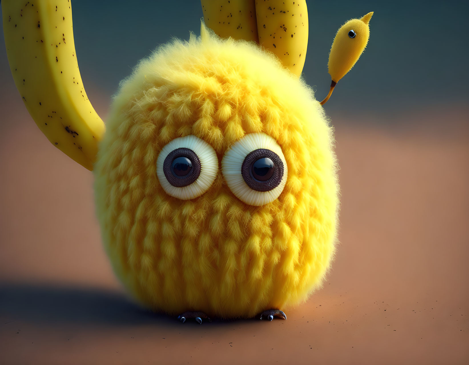 Yellow spherical creature with bananas and bird in image