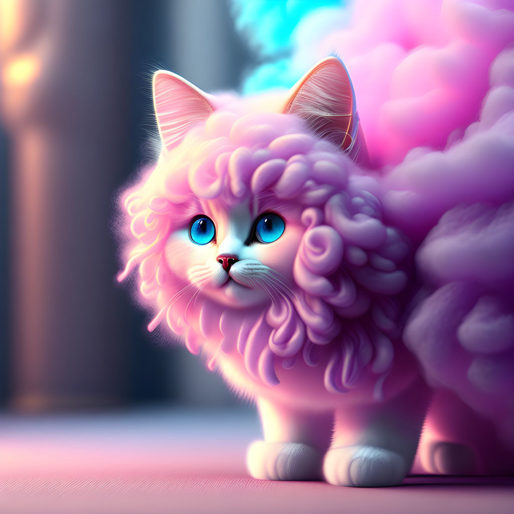 Fluffy pink cat with blue eyes on purple background