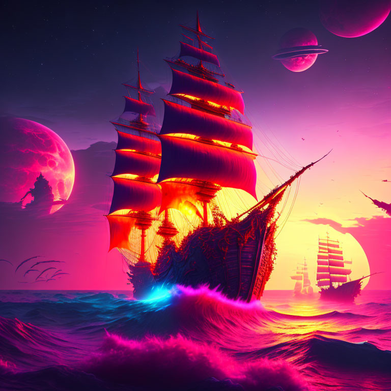 Fantasy scene of illuminated sailboats on glowing ocean under purple sky