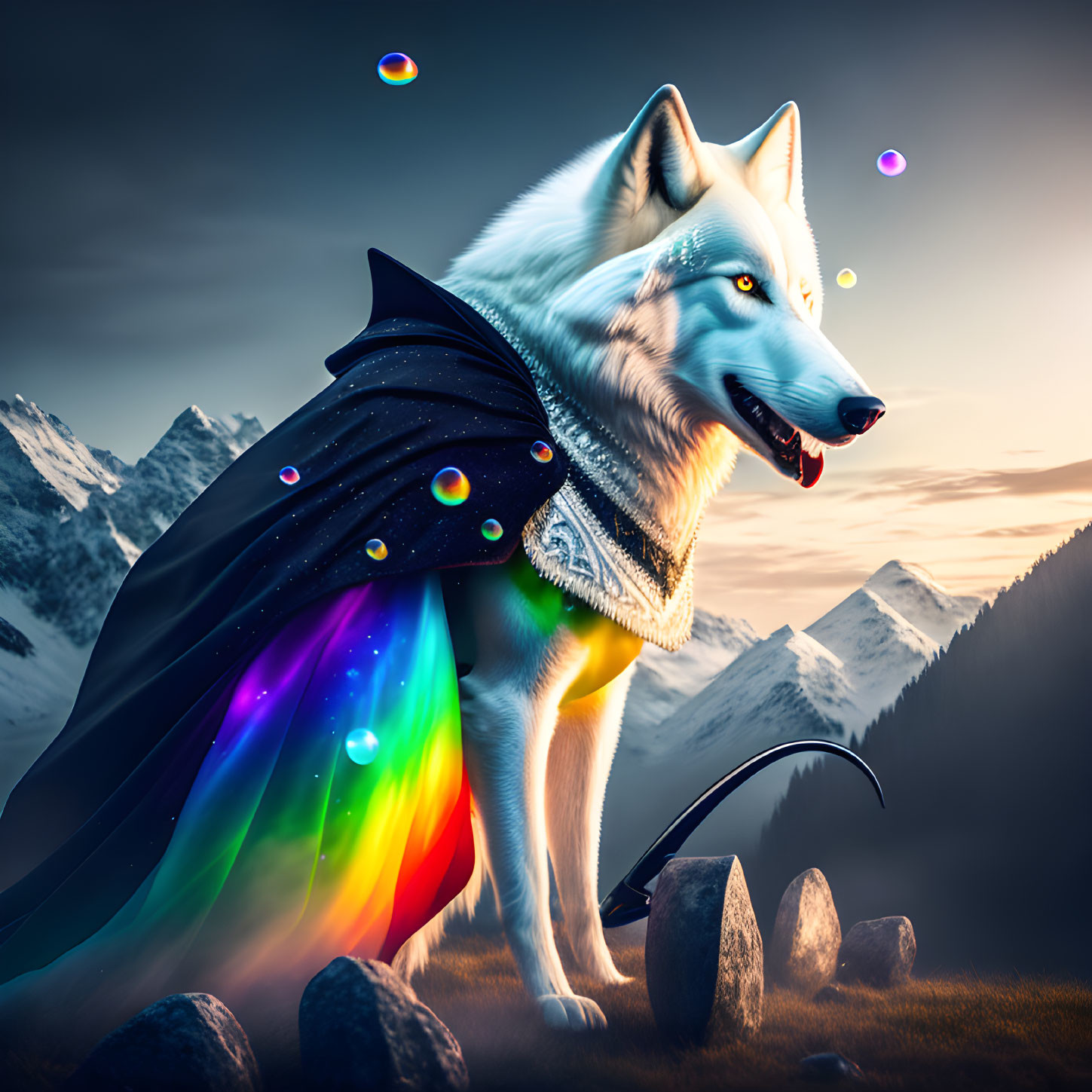 White Wolf with Rainbow Cloak on Mountain Peak at Sunset