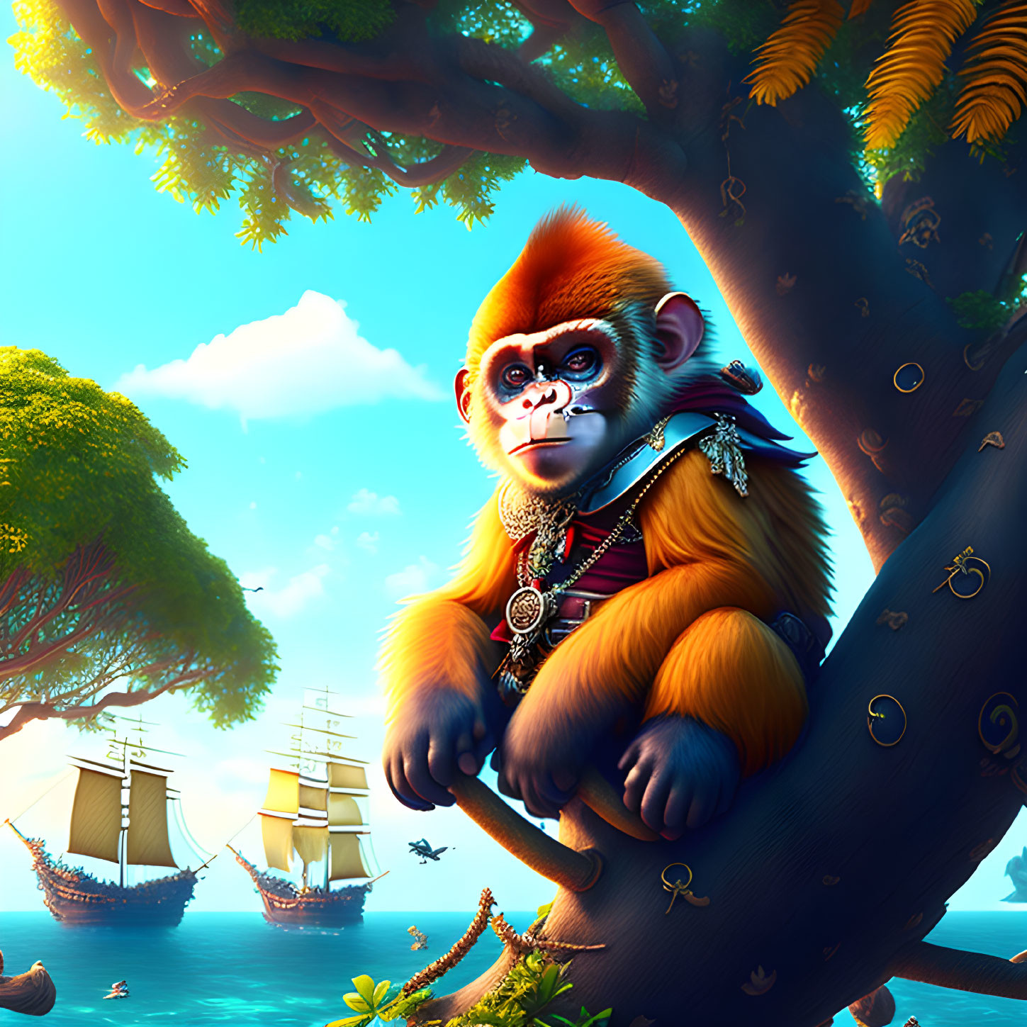 Illustration of anthropomorphic monkey on tree branch overlooking seascape