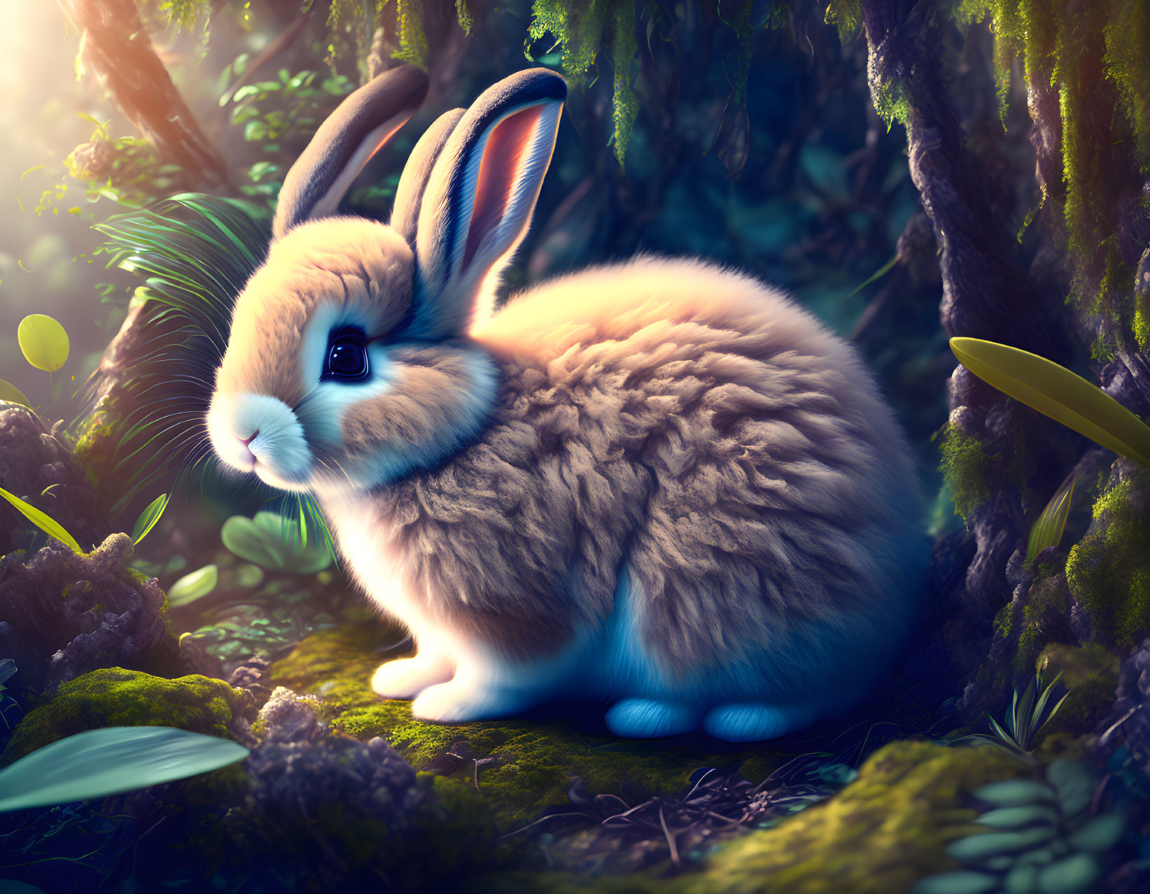 Fluffy rabbit in mystical forest light