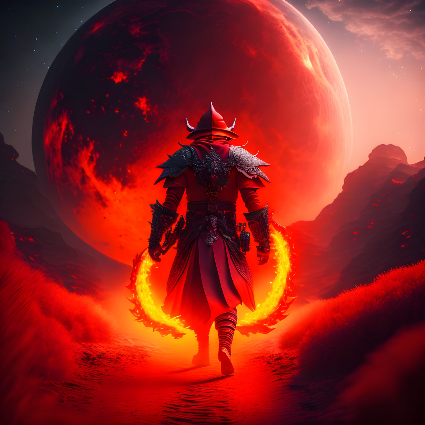 Samurai in ornate armor with glowing sword facing giant red moon