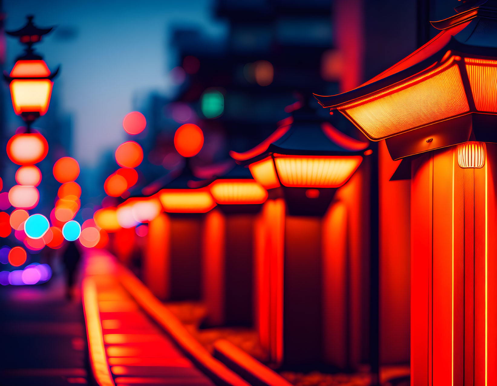 Row of Red Lanterns Creating Vibrant Bokeh Effect at Dusk