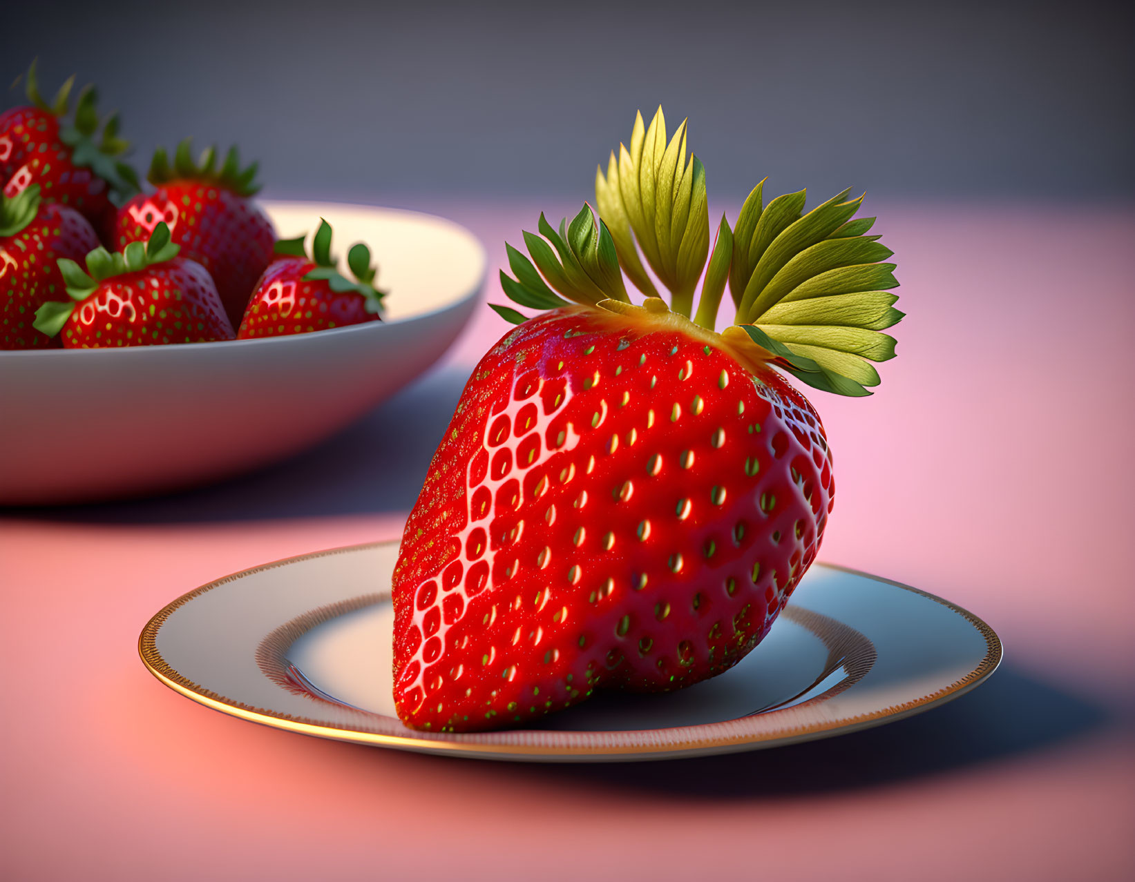 Ripe strawberry on small plate, bowl in background