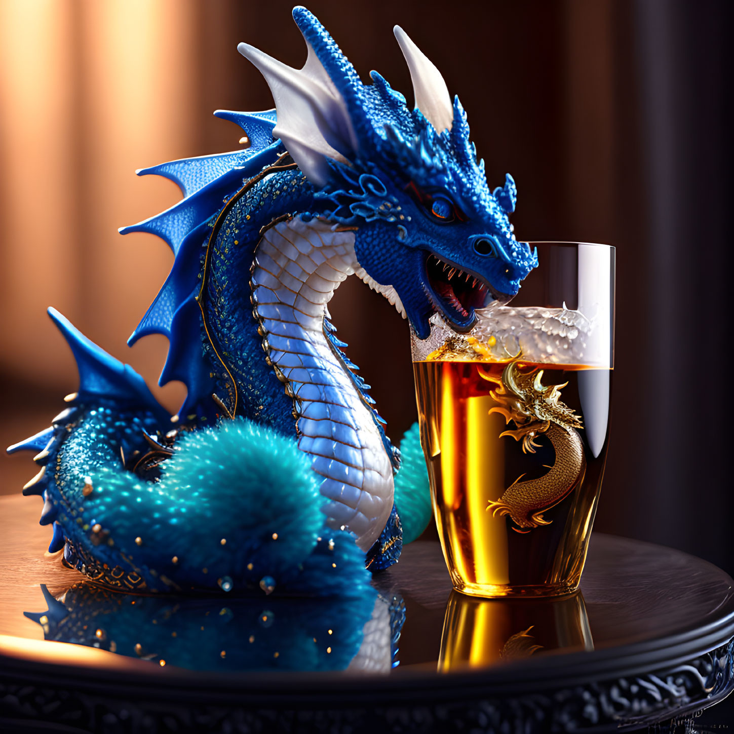 Blue Dragon Figurine Examining Amber Liquid on Wooden Surface