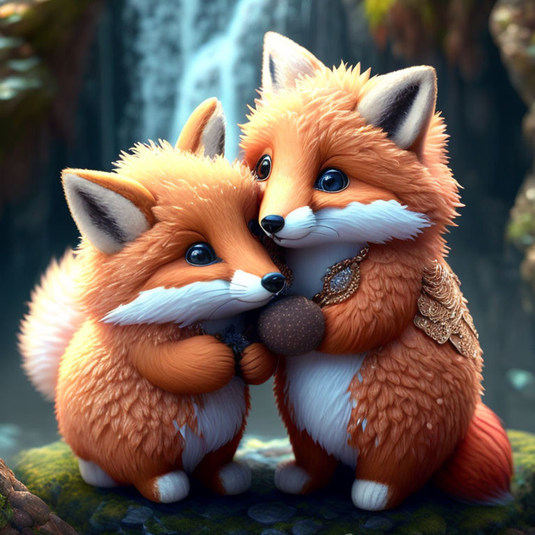 Stylized animated foxes with fluffy fur and jewelry by a waterfall