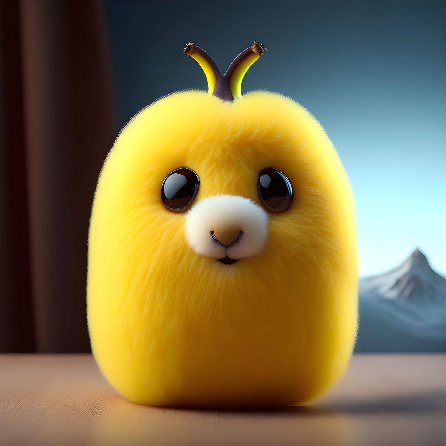 Fluffy yellow creature with big eyes and crown indoors