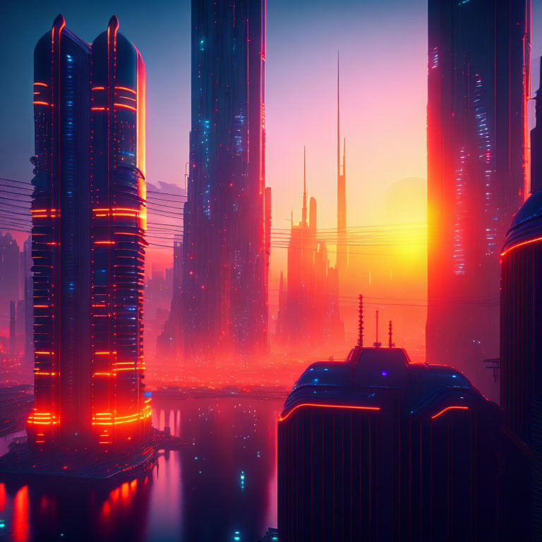 Futuristic sunset cityscape with neon-lit skyscrapers & glowing water.