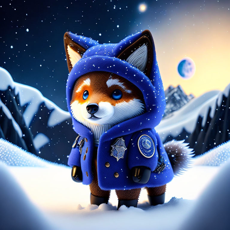 Red Fox in Blue Star Cloak Stands in Snowy Mountain Landscape