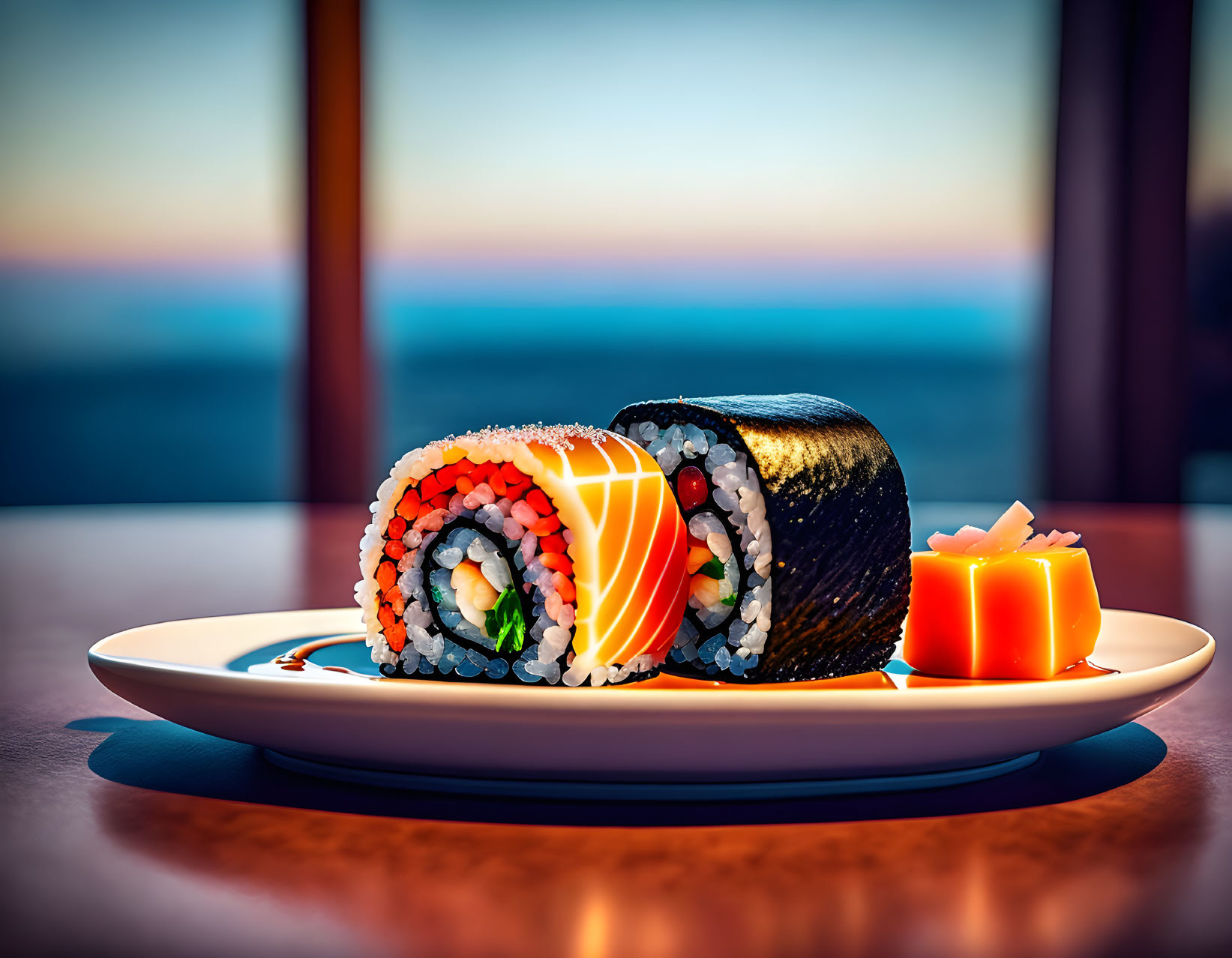 Colorful Sushi Roll with Pickled Ginger on Plate, Sunset Background