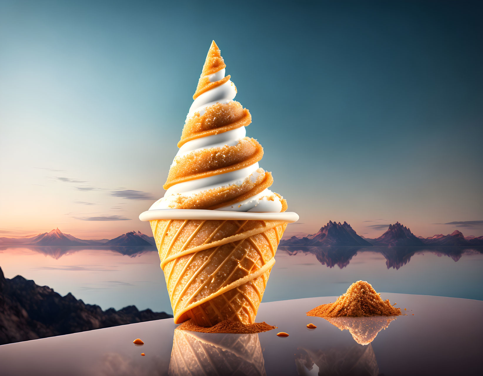 Giant ice cream cone with swirling design, sauce drips, and sprinkles on reflective surface with