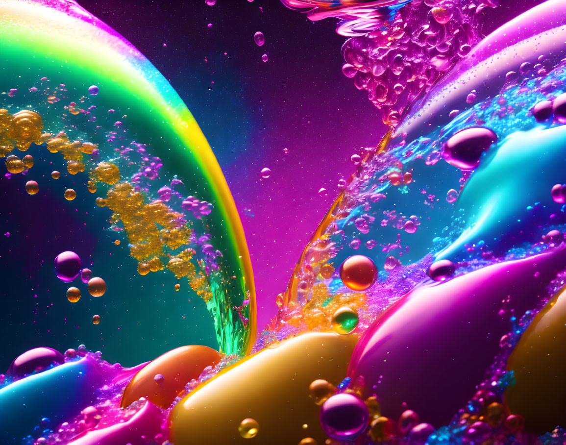 Colorful Liquid Splash with Neon Pink, Green, and Blue Hues and Shimmering Bubbles