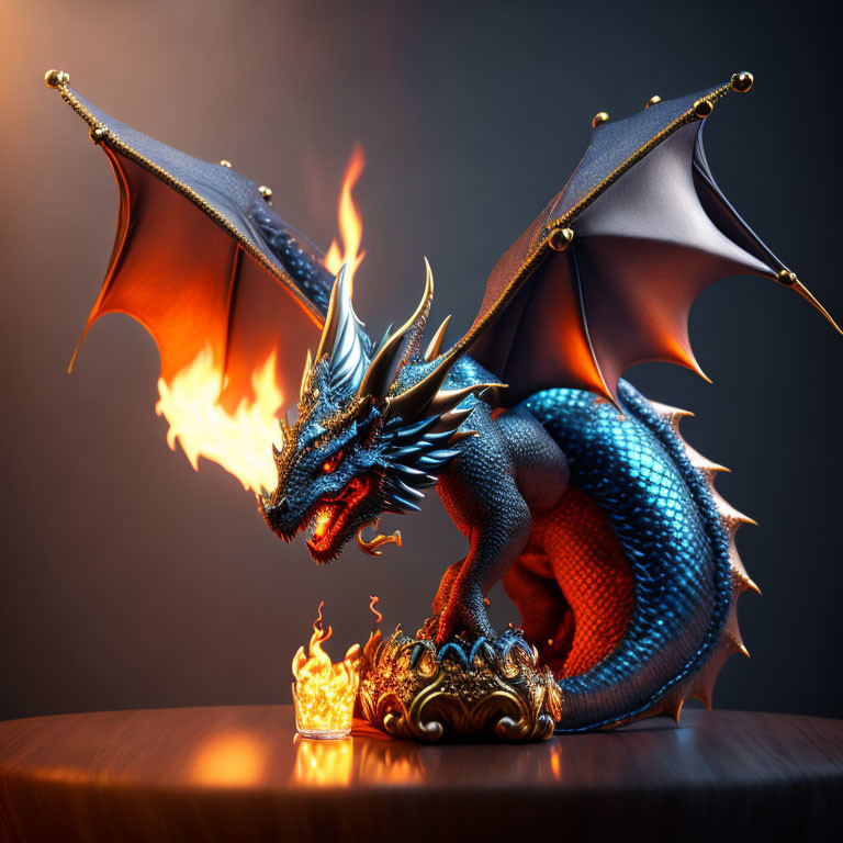 Blue Dragon Figurine with Spread Wings and Golden Treasure Chest Emitting Flames