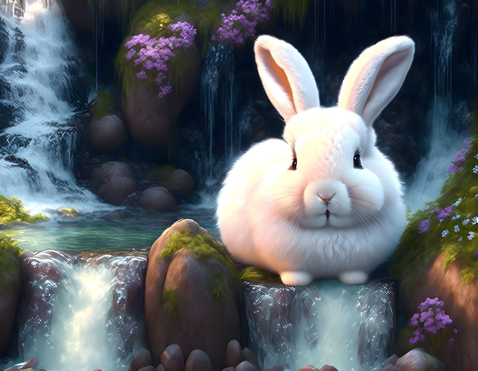 White Rabbit Sitting by Serene Waterfall with Purple Flowers