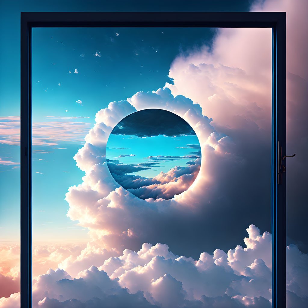 Surreal open door with circular portal to serene cloudscape