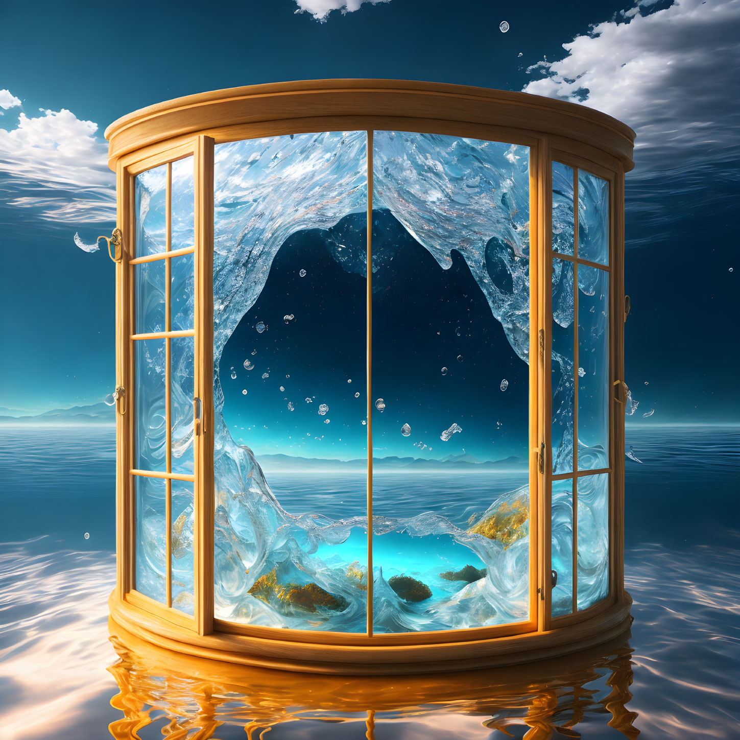 Circular bay window reveals underwater landscape with rocks and sea life