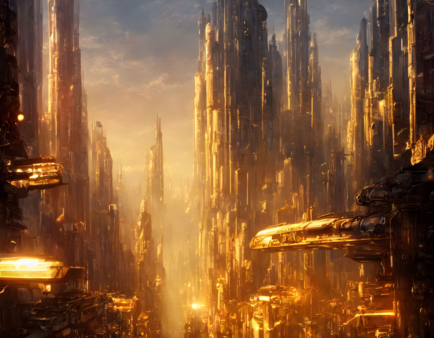 Futuristic cityscape with golden sunlight and flying vehicle