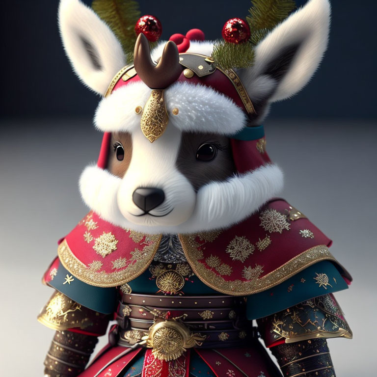 3D illustration of rabbit in Japanese samurai armor with festive decorations