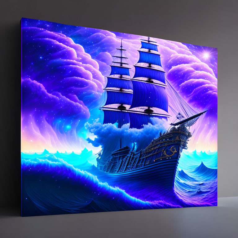 Canvas Print: Grand Sailing Ship on Turbulent Sea, Purple Sky