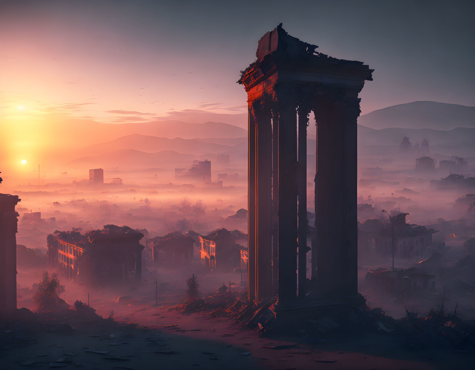 Ancient ruins in misty sunrise with distant mountains