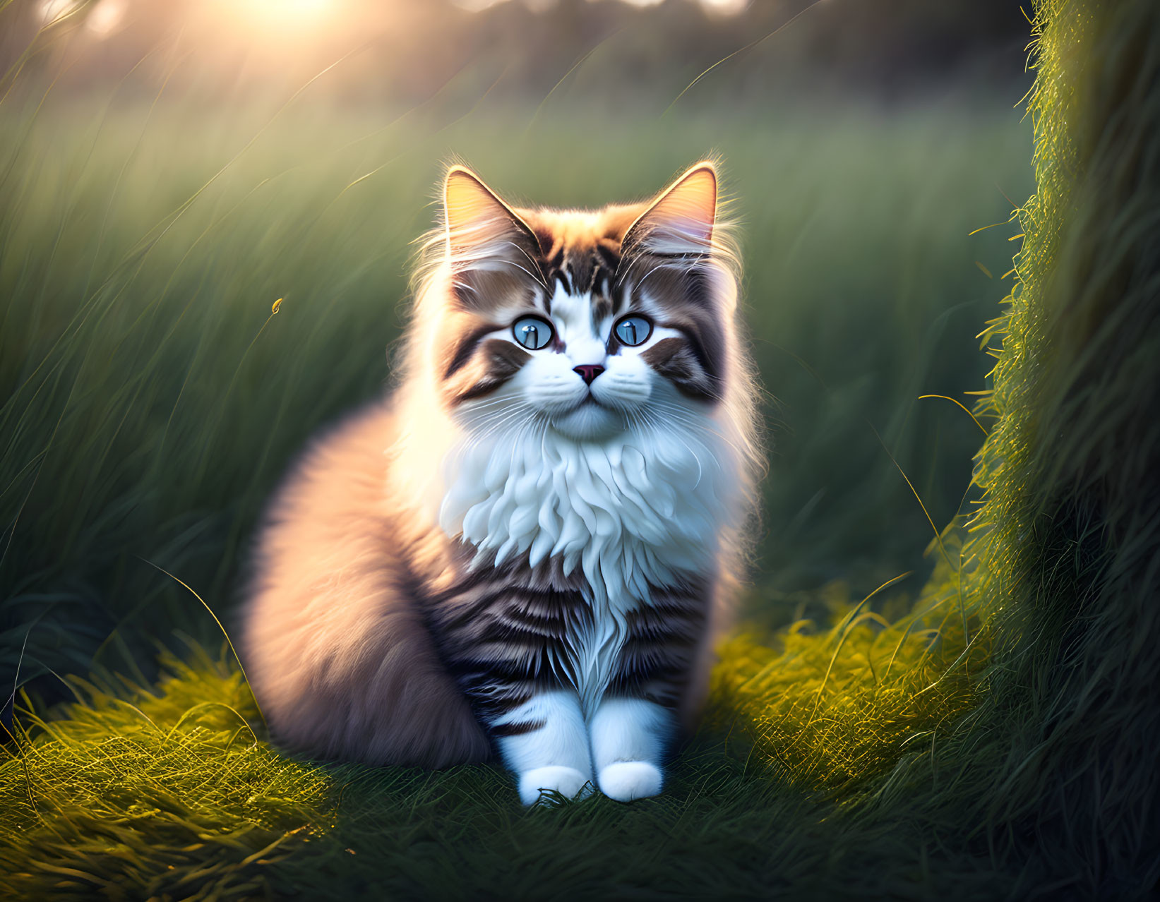 Tabby cat with blue eyes in sunlit field with tall grass