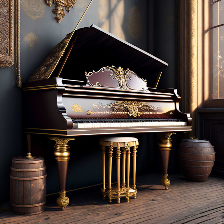 Luxurious Room with Ornate Grand Piano and Gold Accents