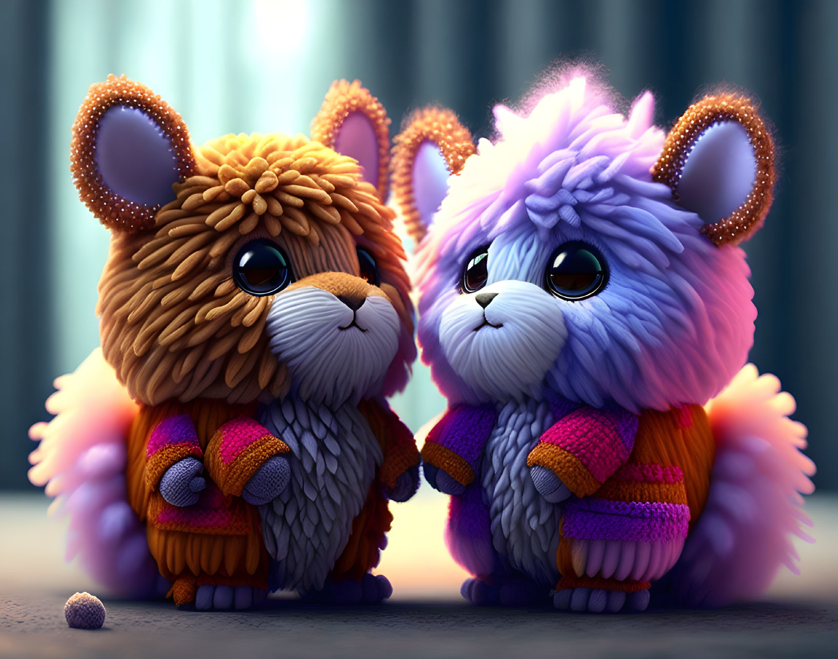 Fluffy creatures in cozy sweaters with expressive eyes