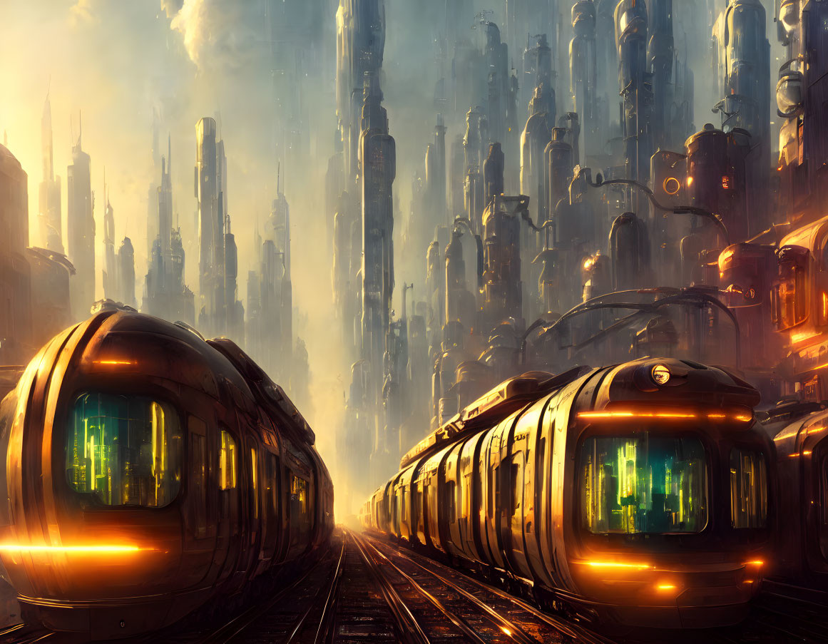 Futuristic cityscape with towering skyscrapers and sleek trains in warm sunlight