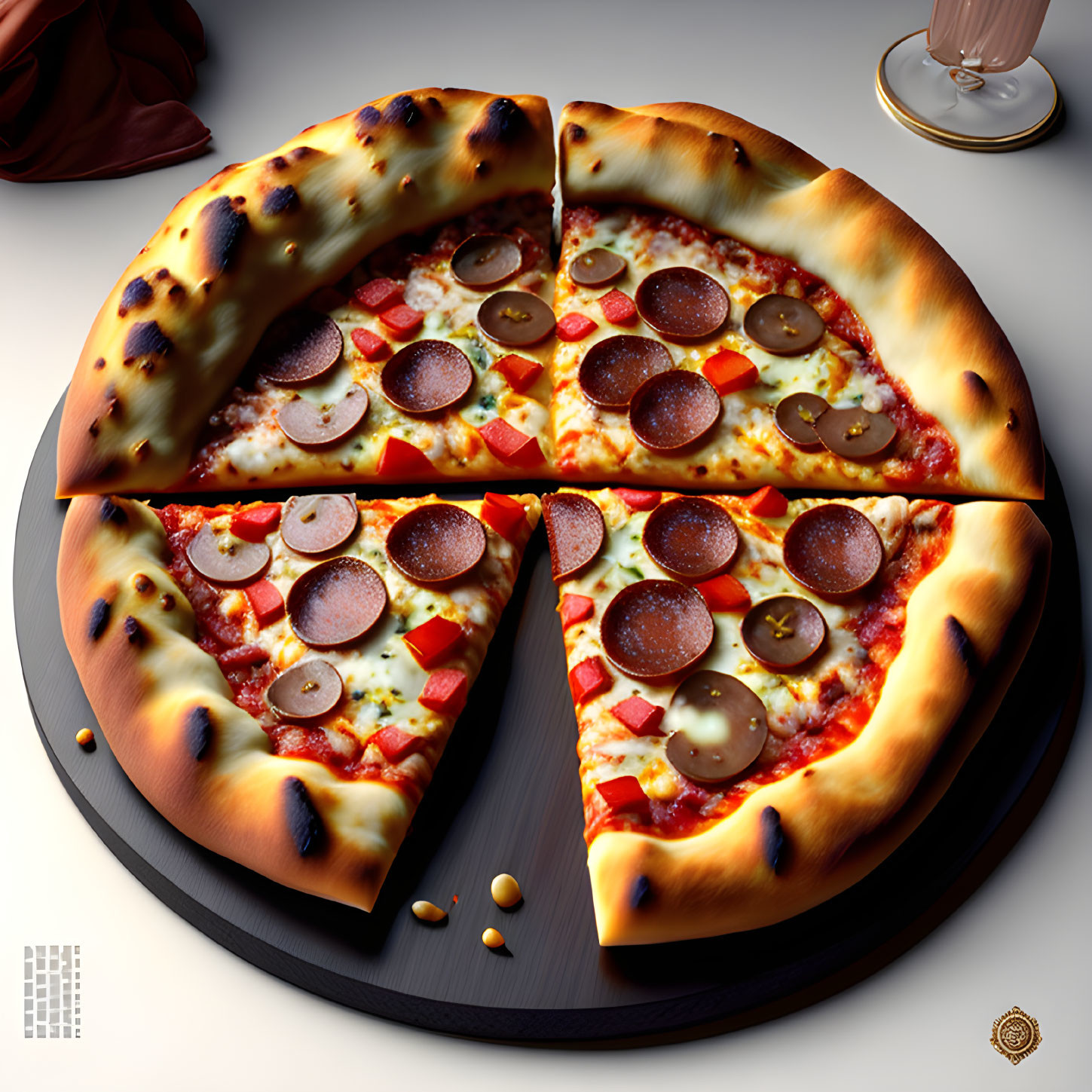Pepperoni pizza with bell peppers and olives on circular board with pink drink