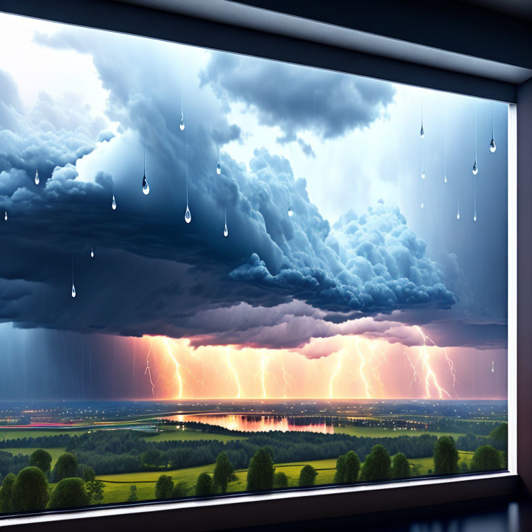 Surreal storm scene through large window with dark clouds, raindrops, lightning.