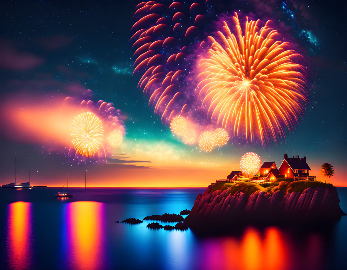 Coastal scene with fireworks, starry sky, illuminated houses, and boats