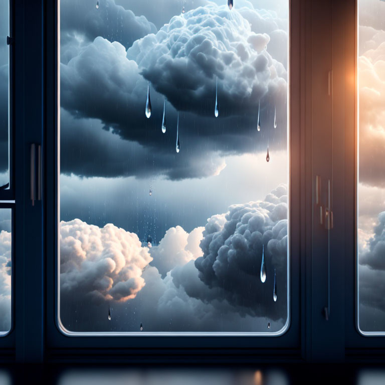 Surreal view: Oversized raindrops against dramatic clouds
