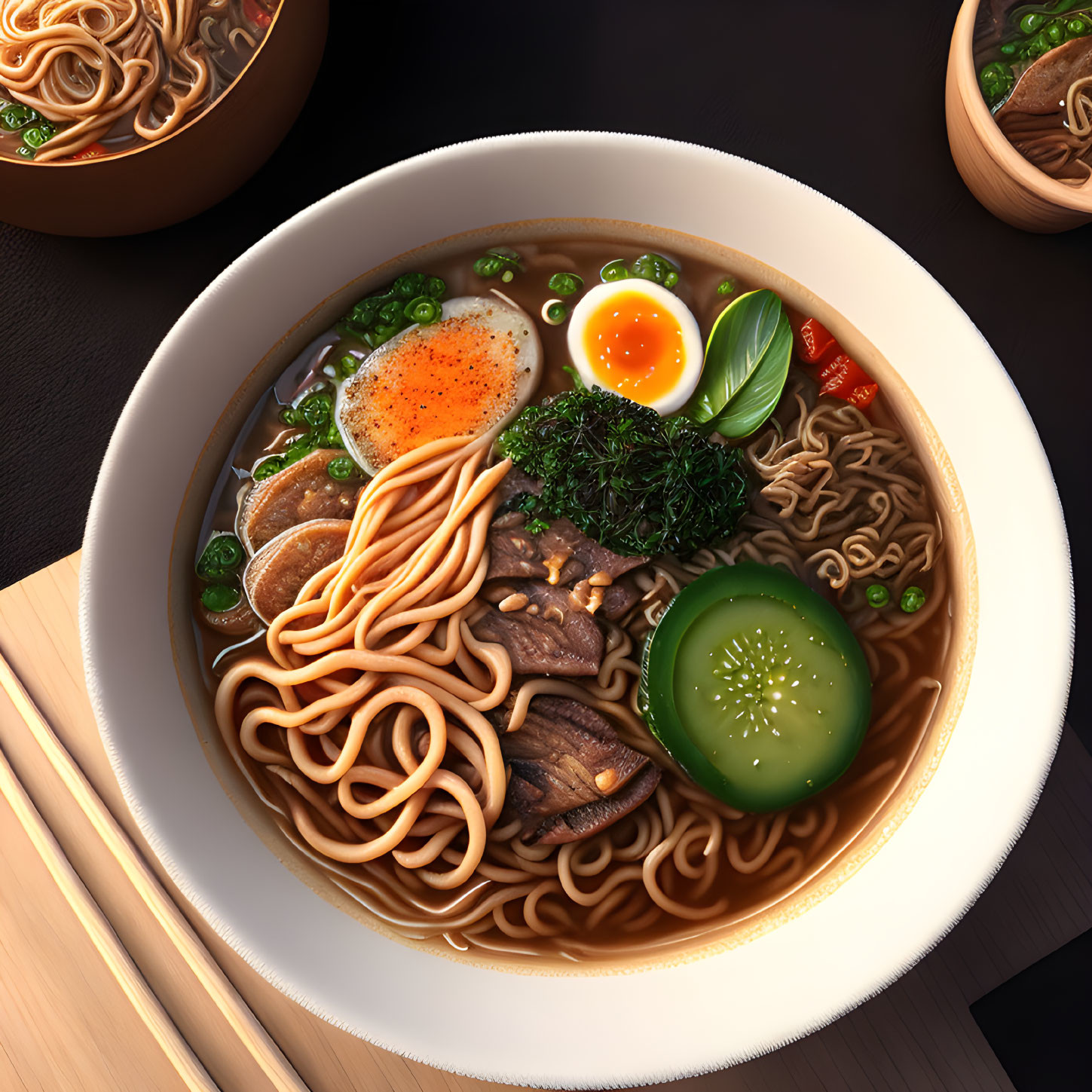 Japanese Ramen Bowl with Beef, Egg, Seaweed, Cucumber, and Chili Peppers