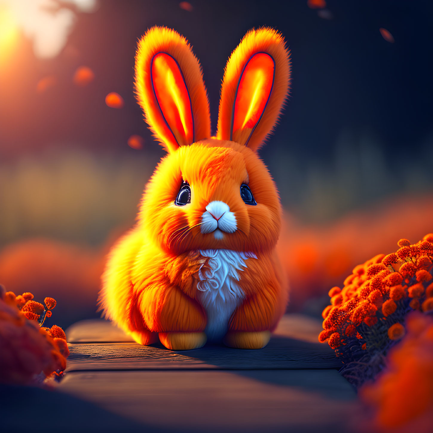 Vibrant orange rabbit in magical forest with glowing flowers