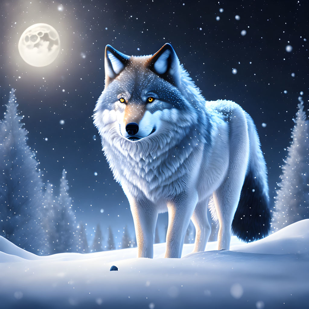 Majestic wolf in snowy forest under full moon