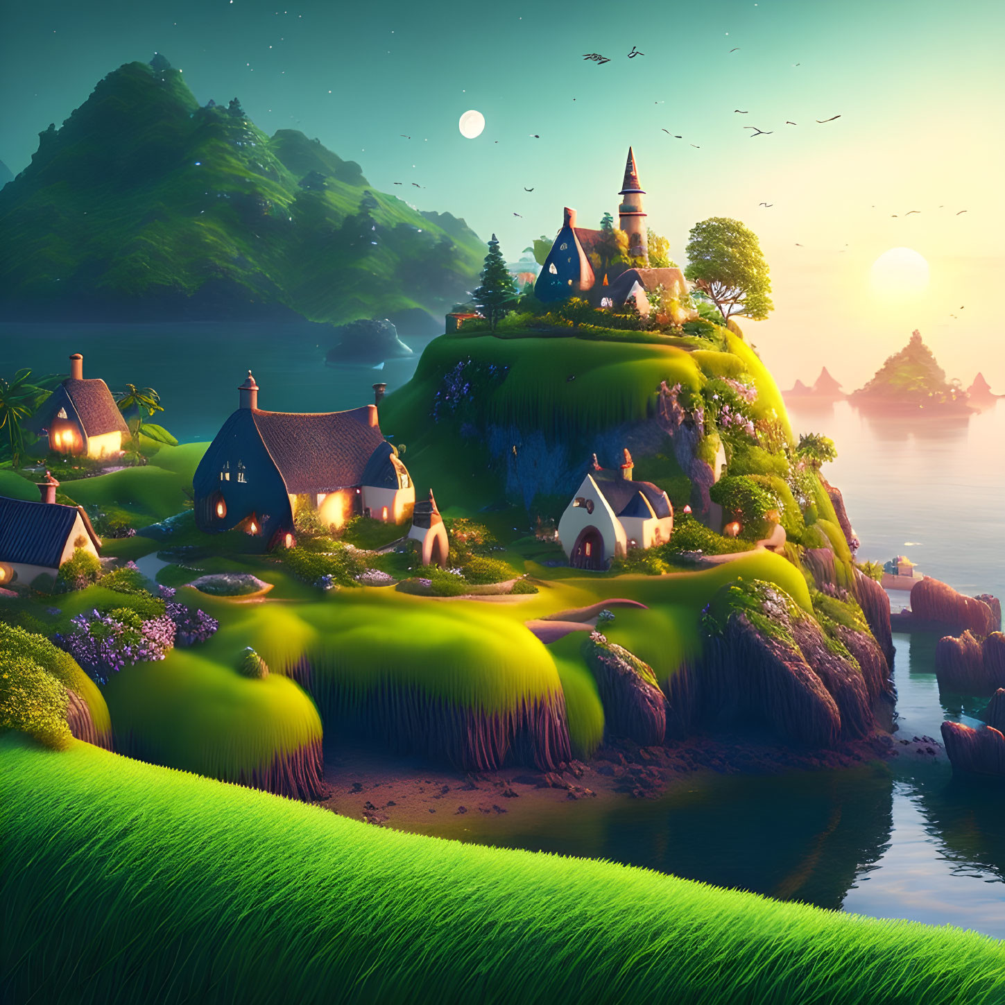 Fantasy village with thatched-roof cottages, castle, and twin moons at sunset