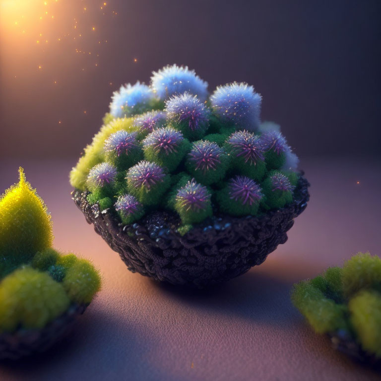 Vibrant green and purple plant-like organisms in dark bowl