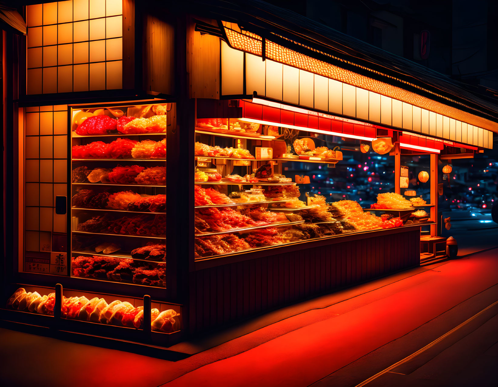 Nighttime bakery display featuring bread and pastries in warm light