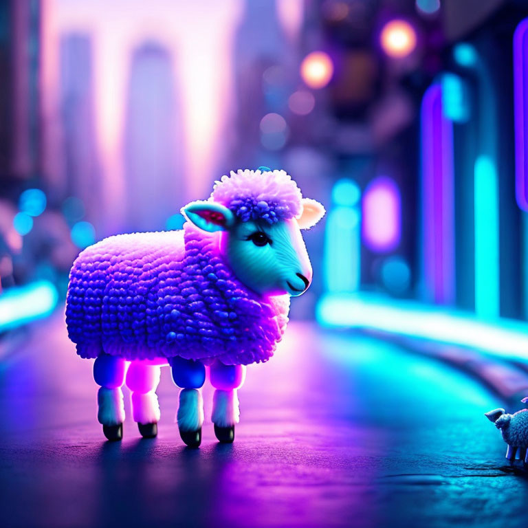 Colorful Toy Sheep Encounter on Neon-Lit Street