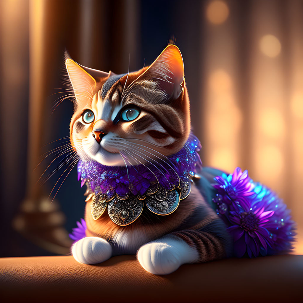 Brown and White Cat with Blue Eyes and Purple Collar Illustration