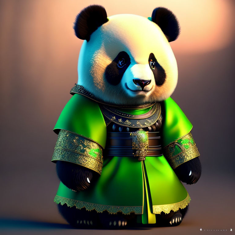 Stylized 3D illustration of a panda in ornate green robe