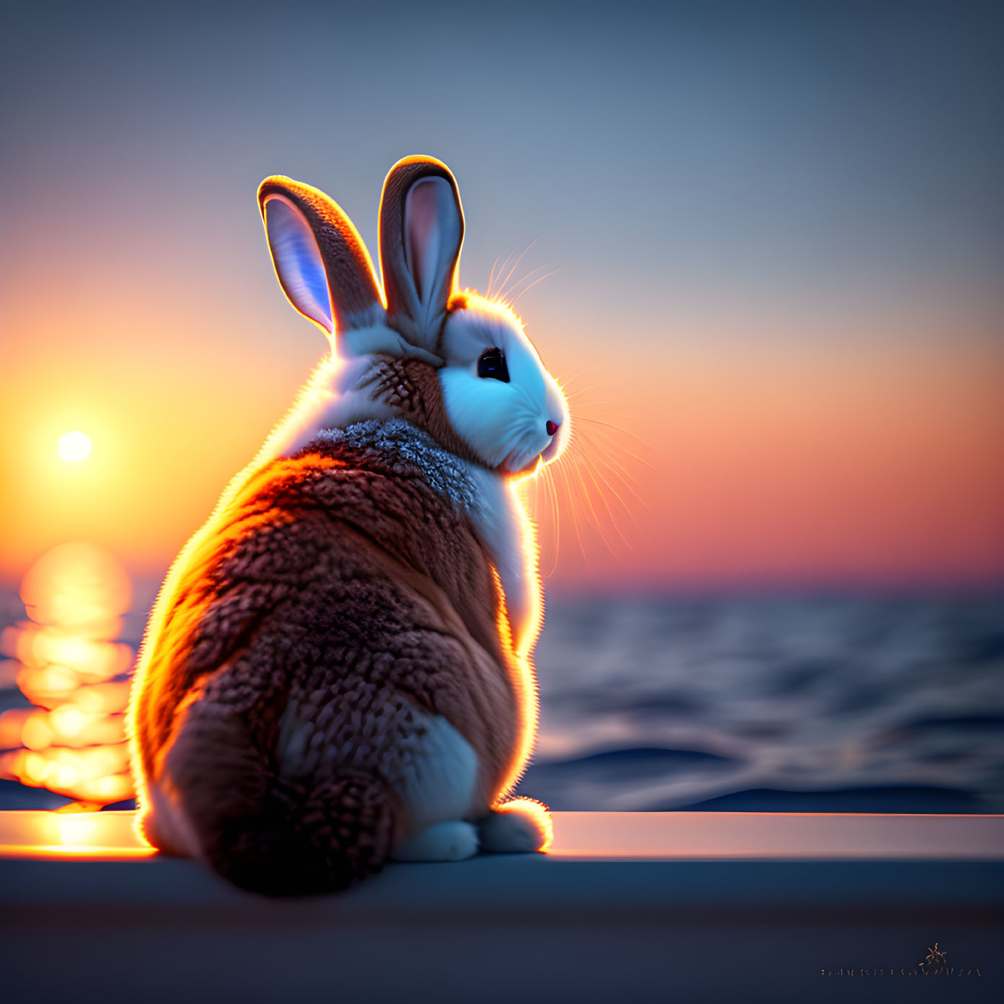 Fluffy brown rabbit on boat edge at sunset with shimmering ocean.