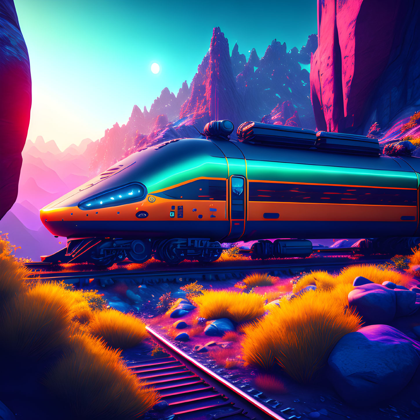 Sleek futuristic train on alien landscape with purple mountains & glowing flora