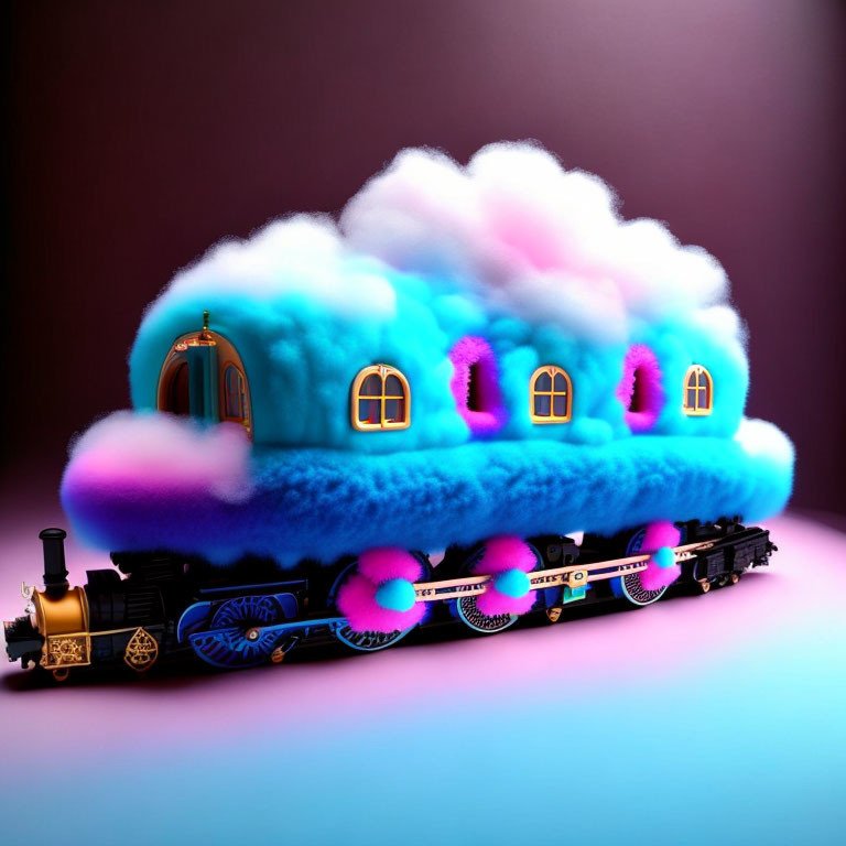 Whimsical train with blue carriages and purple details on gradient background