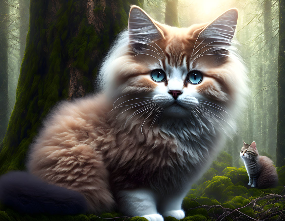 Brown and White Cat with Blue Eyes in Mystical Forest Scene